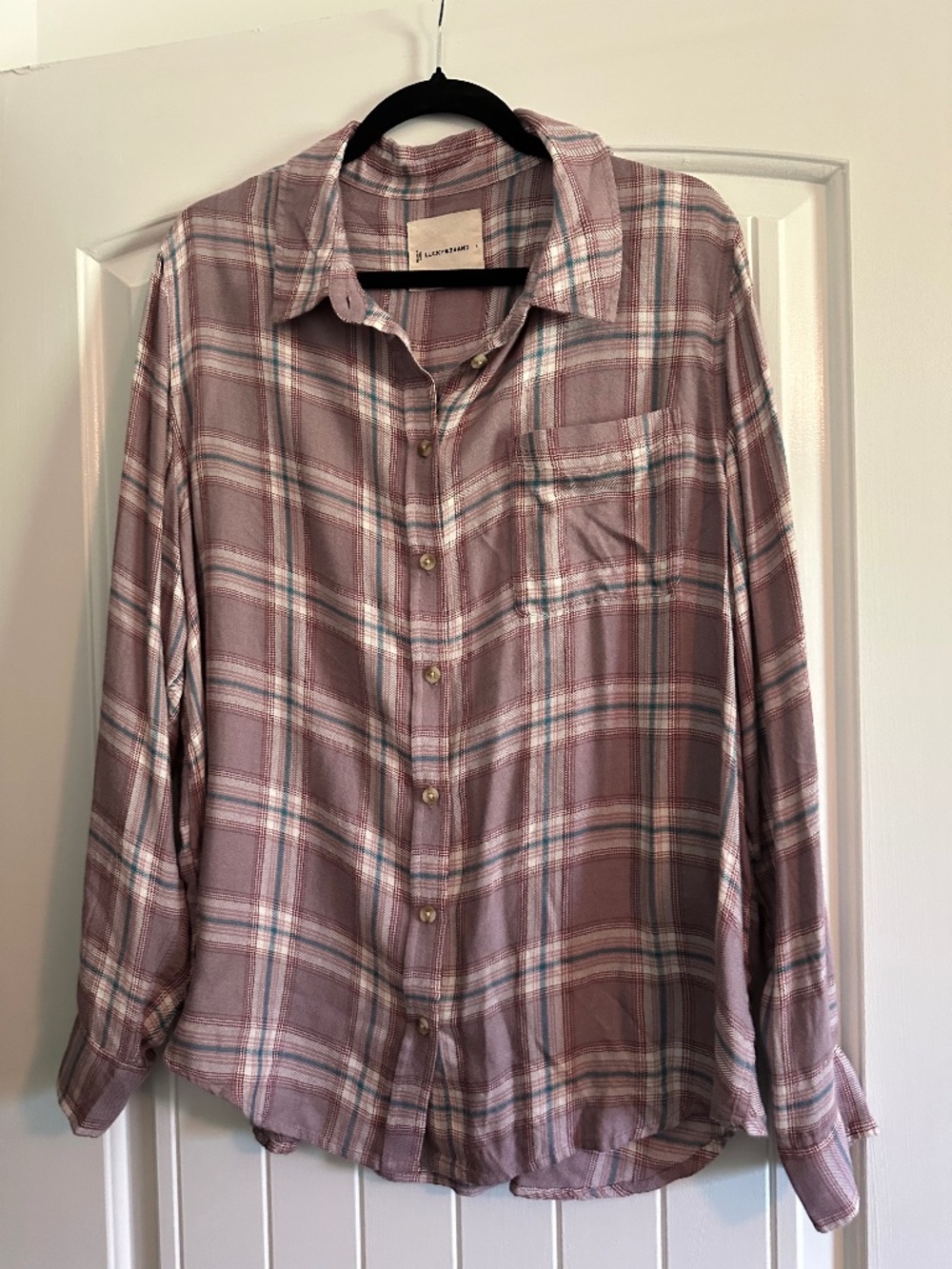 Lucky Brand Women’s Plaid Button Down Flannel Shirt, size Large, Lavender